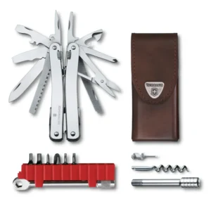 SWISS TOOL SPIRIT X PLUS RATCHET + TIJERA + FUNDA CUERO VICTORINOX